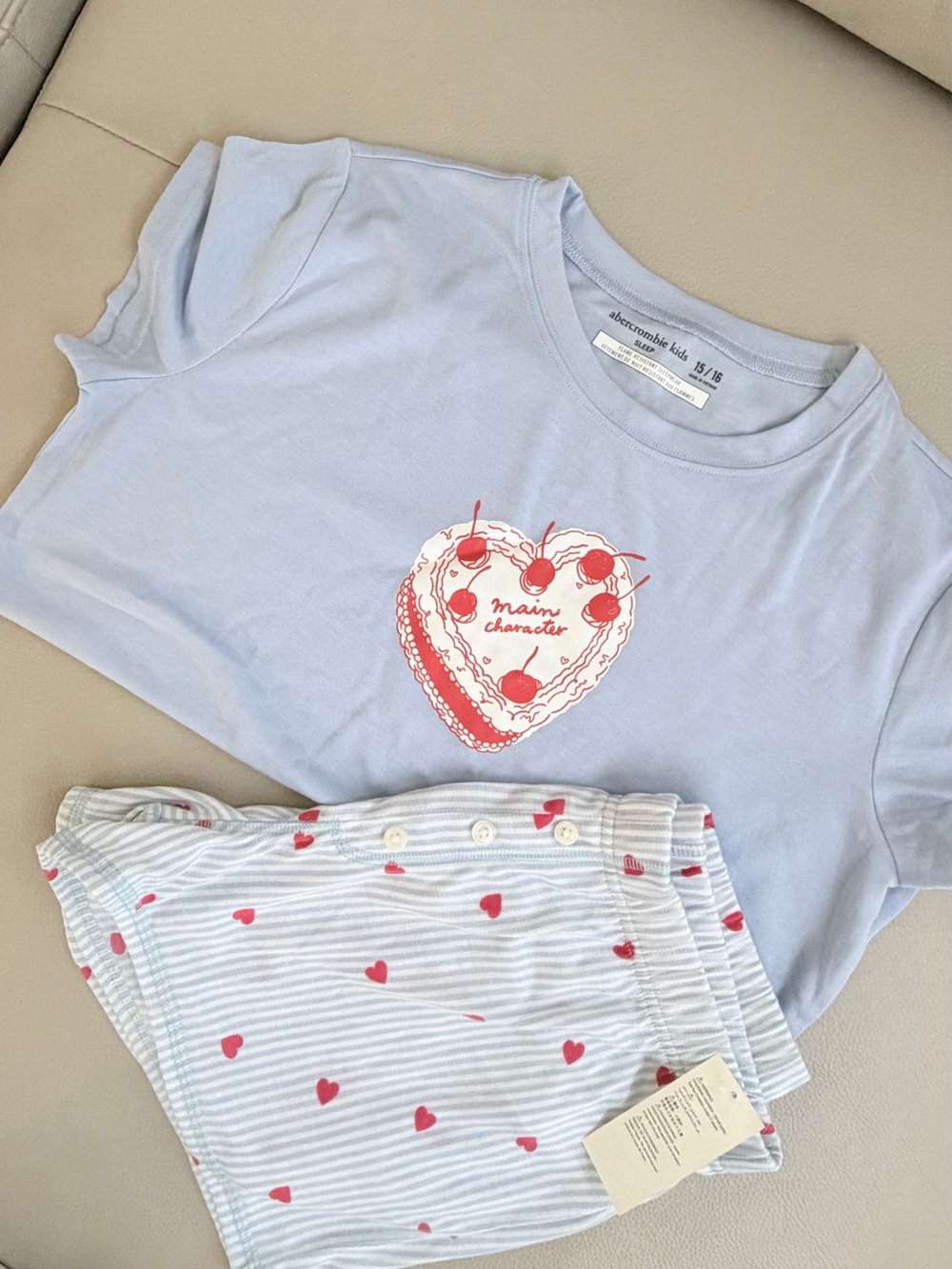 abercrombie kids Light Blue Pajama Set with Red Heart & Cherry Graphic - Picture 2 of 4